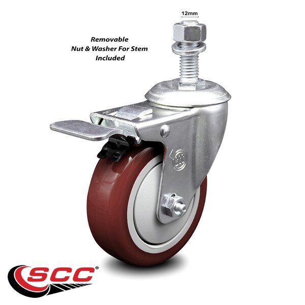 Service Caster 4 Inch Maroon Polyurethane Swivel 12mm Stem Caster with Total Lock Brake SCC SCC-TSTTL20S414-PPUB-MRN-M1215 - main